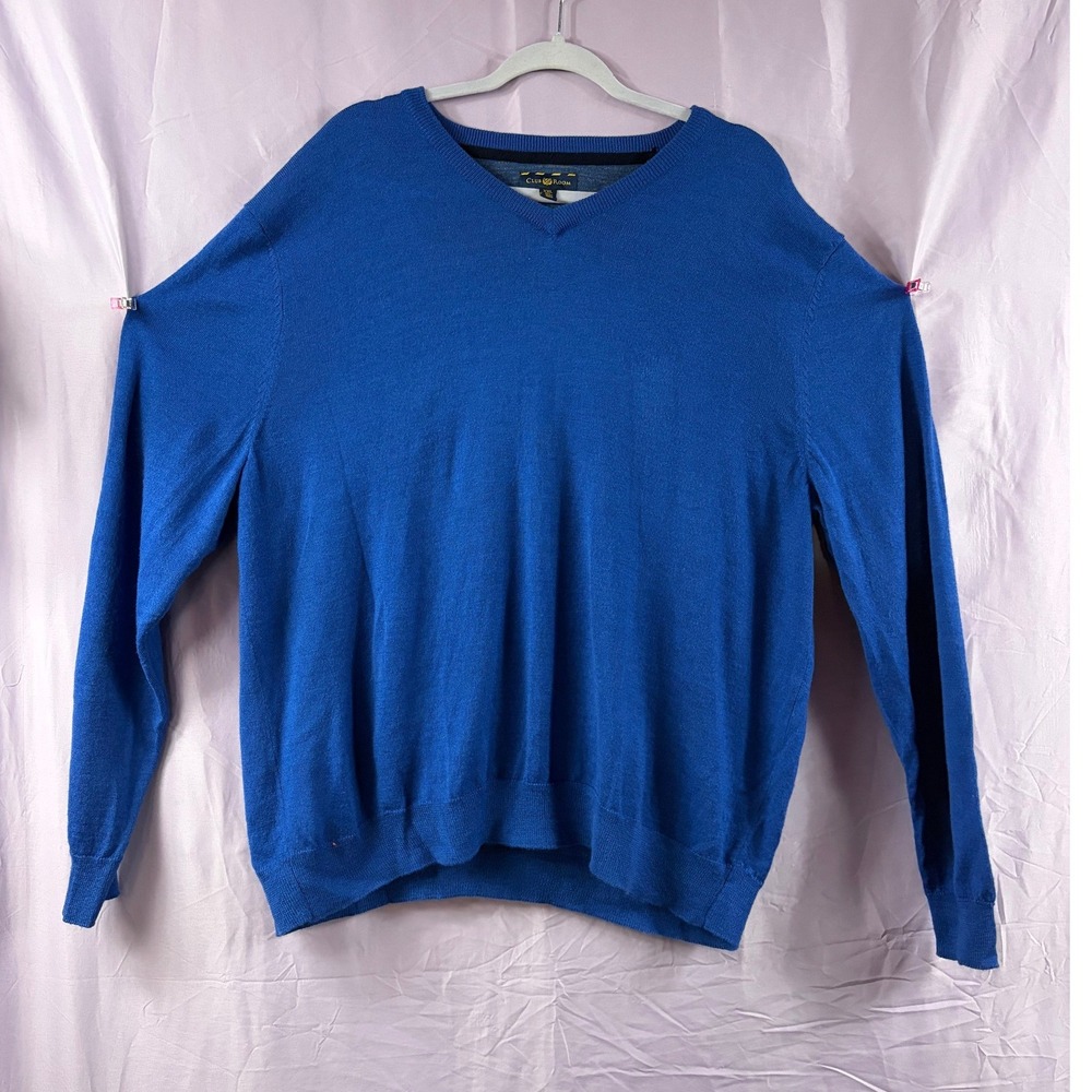 Club Room Mens XXL Royal Blue V-Neck Merino Wool Blend Long Sleeve Sweater